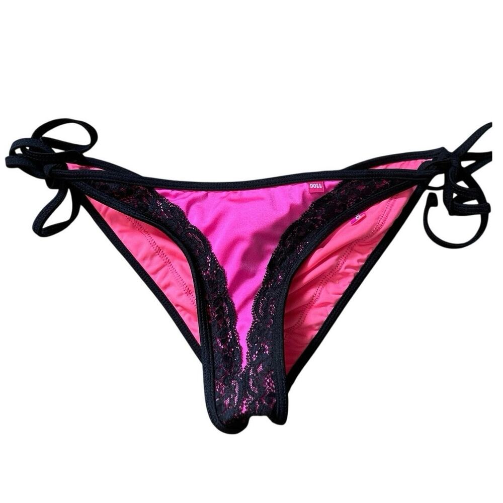 DOLL Swimwear Hot Pink & Black Lace Micro Bikini Bottom, Sz. Large 🔥